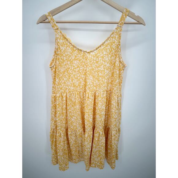 Blu Pepper Yellow Floral Print V-Neck Sleeveless Tiered Mini Dress Women's Small - Picture 2 of 8